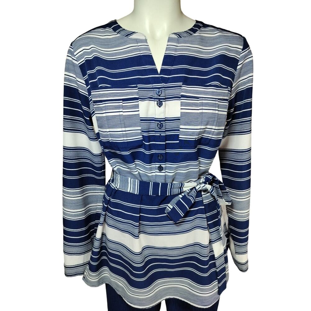 Women's Blue & White Striped Shirt Pants Set, Size S/M